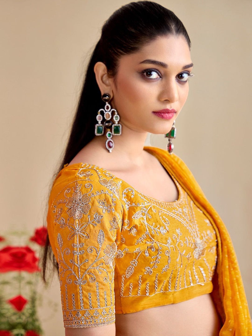 Bright Yellow Moss Chiffon Bandhni Saree with Embroidery Lace & Banglory Blouse