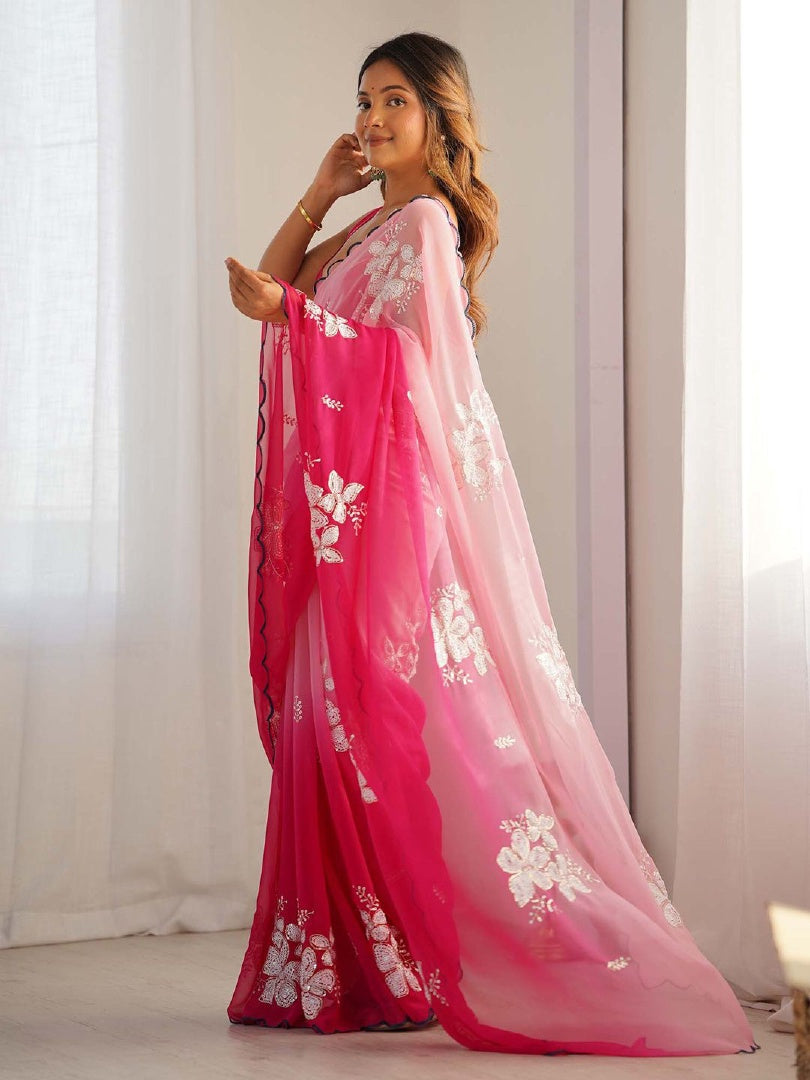 Graceful Rose Pink Georgette Embroidery Work Saree with Banglory Blouse