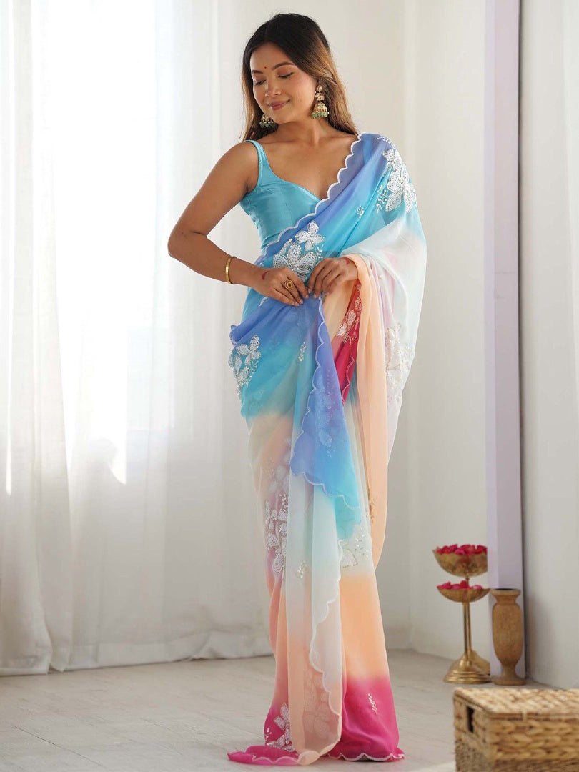 Beautiful Sky Blue & Pink Georgette Embroidery Work Saree with Georgette Blouse