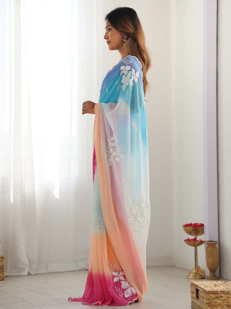 Beautiful Sky Blue & Pink Georgette Embroidery Work Saree with Georgette Blouse