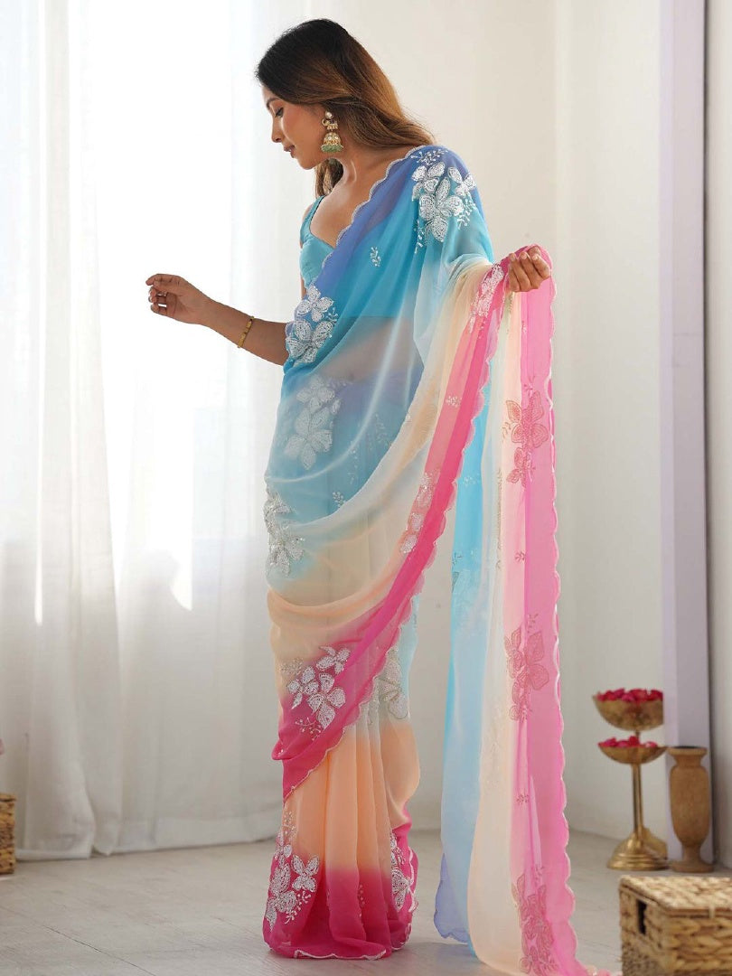 Beautiful Sky Blue & Pink Georgette Embroidery Work Saree with Georgette Blouse