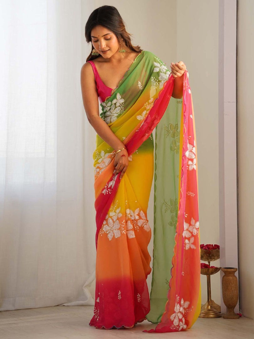 Elegant Green & Pink Georgette Embroidery Work Saree with Banglory Blouse
