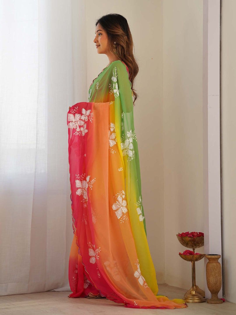 Elegant Green & Pink Georgette Embroidery Work Saree with Banglory Blouse