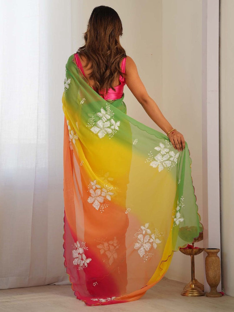 Elegant Green & Pink Georgette Embroidery Work Saree with Banglory Blouse