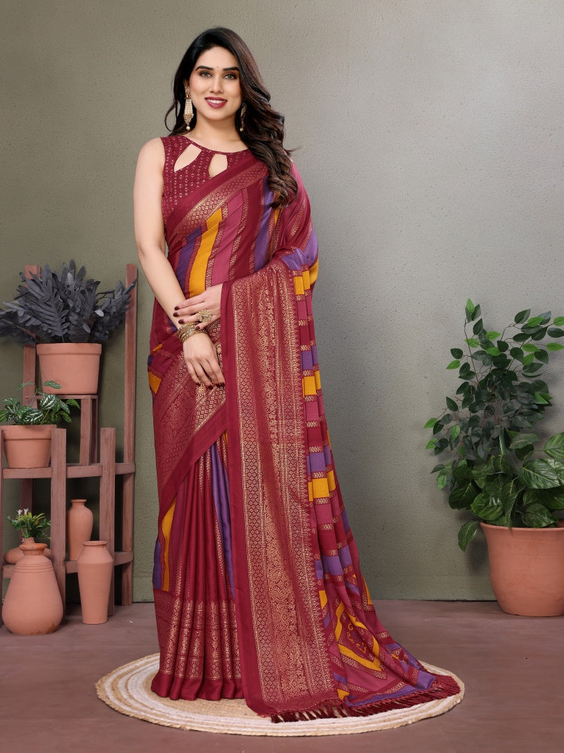 Maroon Printed Bright Moss Saree with Foil Work & Banglori Blouse