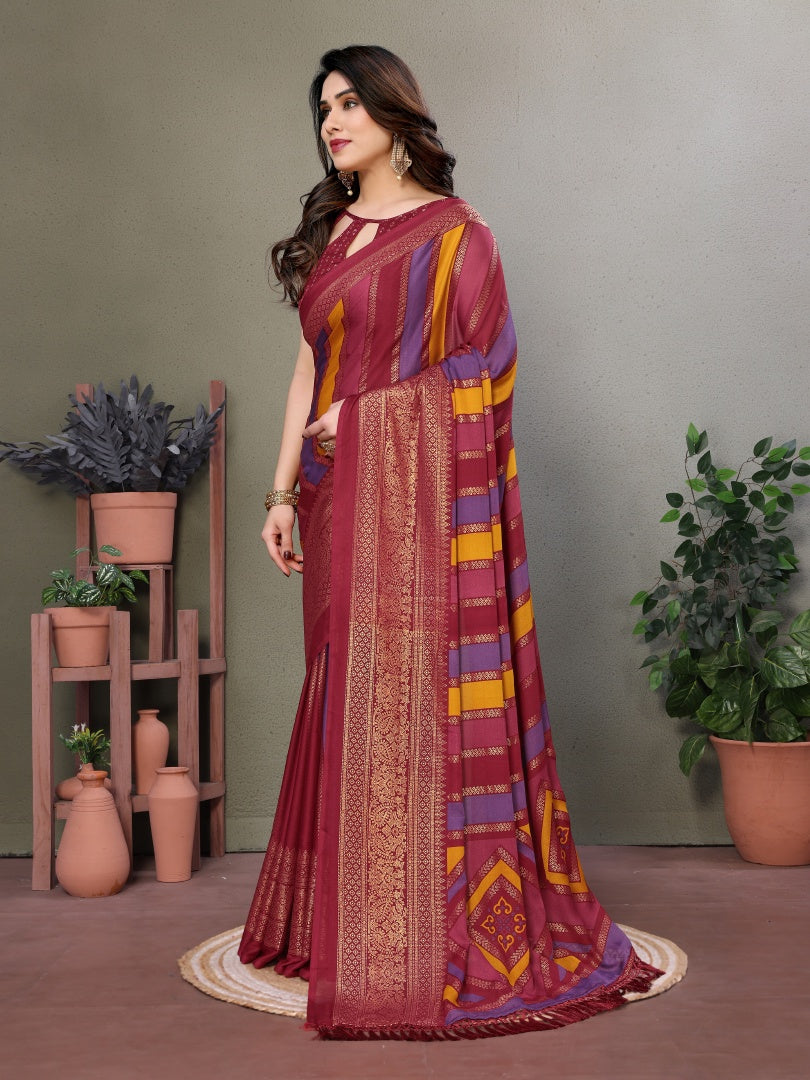 Maroon Printed Bright Moss Saree with Foil Work & Banglori Blouse