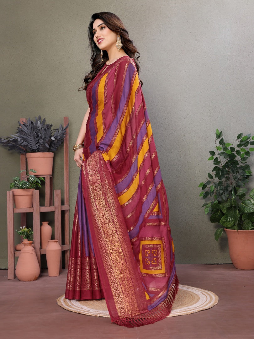 Maroon Printed Bright Moss Saree with Foil Work & Banglori Blouse