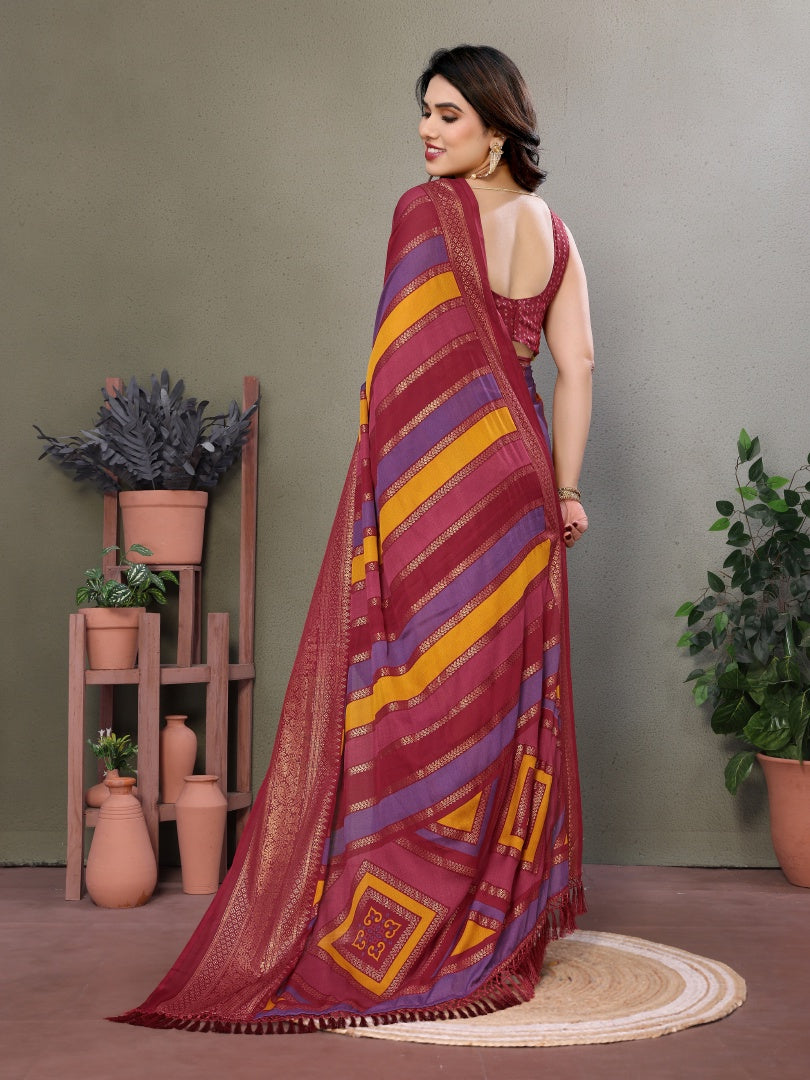 Maroon Printed Bright Moss Saree with Foil Work & Banglori Blouse
