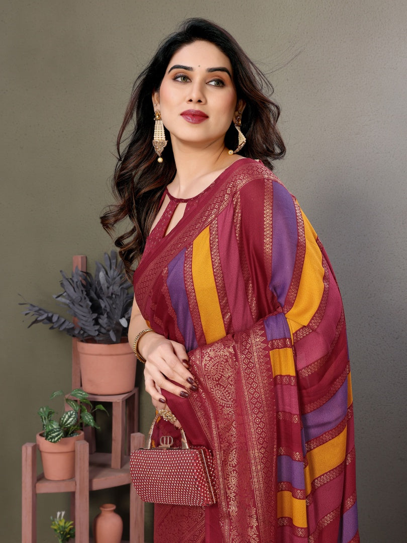Maroon Printed Bright Moss Saree with Foil Work & Banglori Blouse