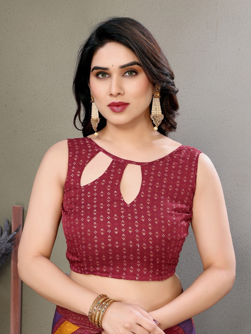 Maroon Printed Bright Moss Saree with Foil Work & Banglori Blouse