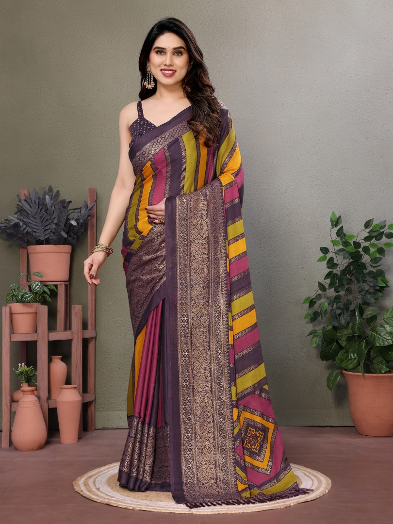 Wine Printed Bright Moss Saree with Foil Work & Banglori Blouse