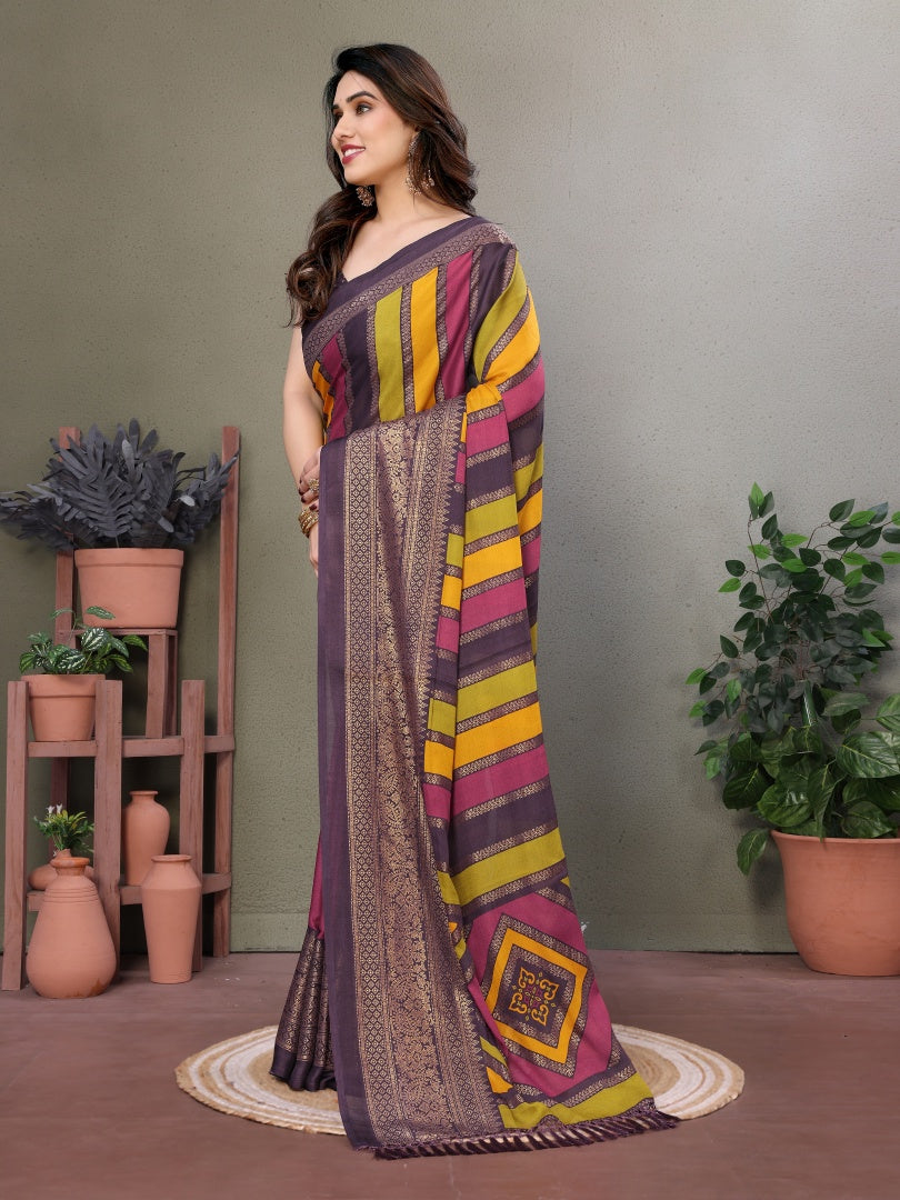 Wine Printed Bright Moss Saree with Foil Work & Banglori Blouse