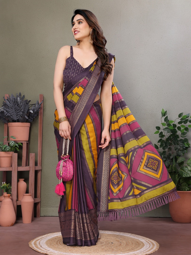 Wine Printed Bright Moss Saree with Foil Work & Banglori Blouse