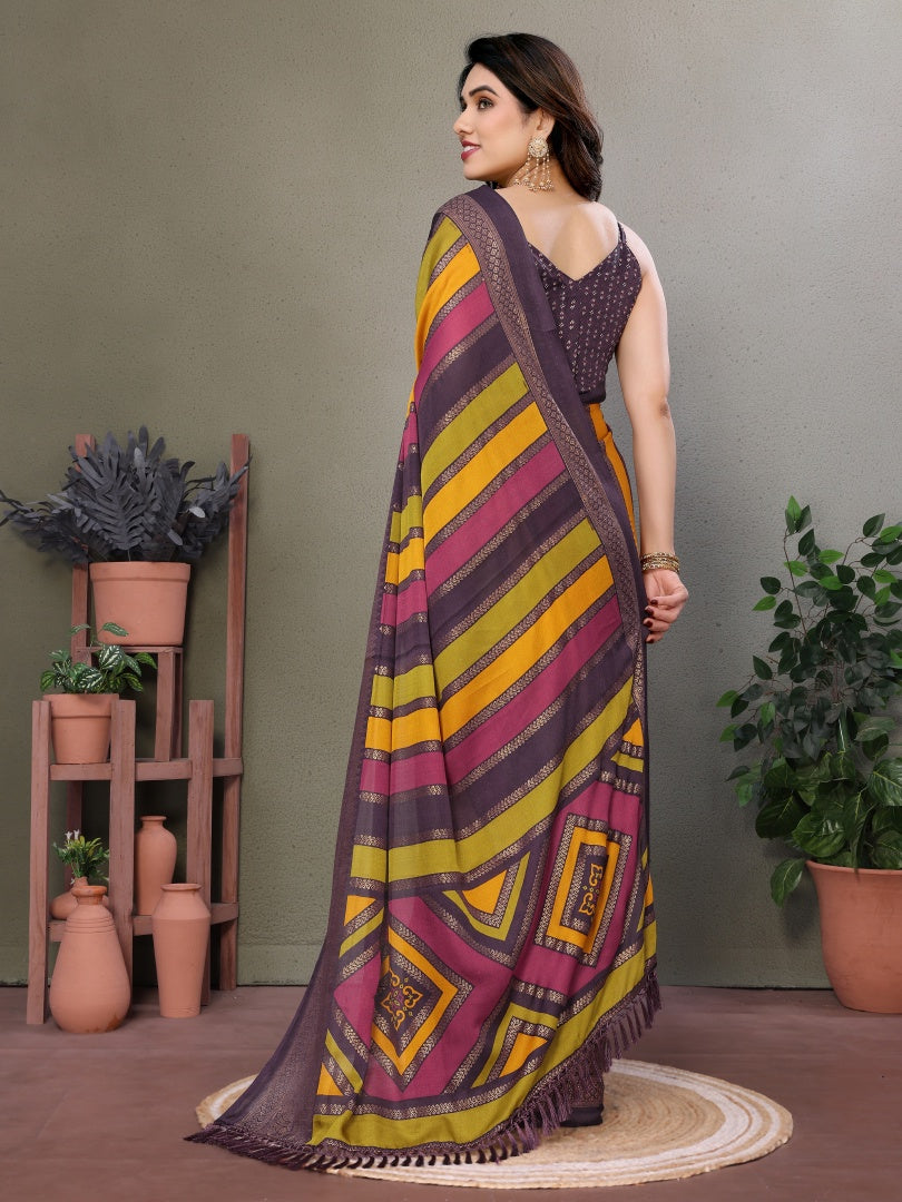 Wine Printed Bright Moss Saree with Foil Work & Banglori Blouse