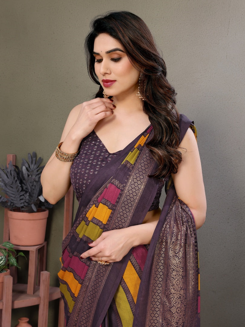 Wine Printed Bright Moss Saree with Foil Work & Banglori Blouse