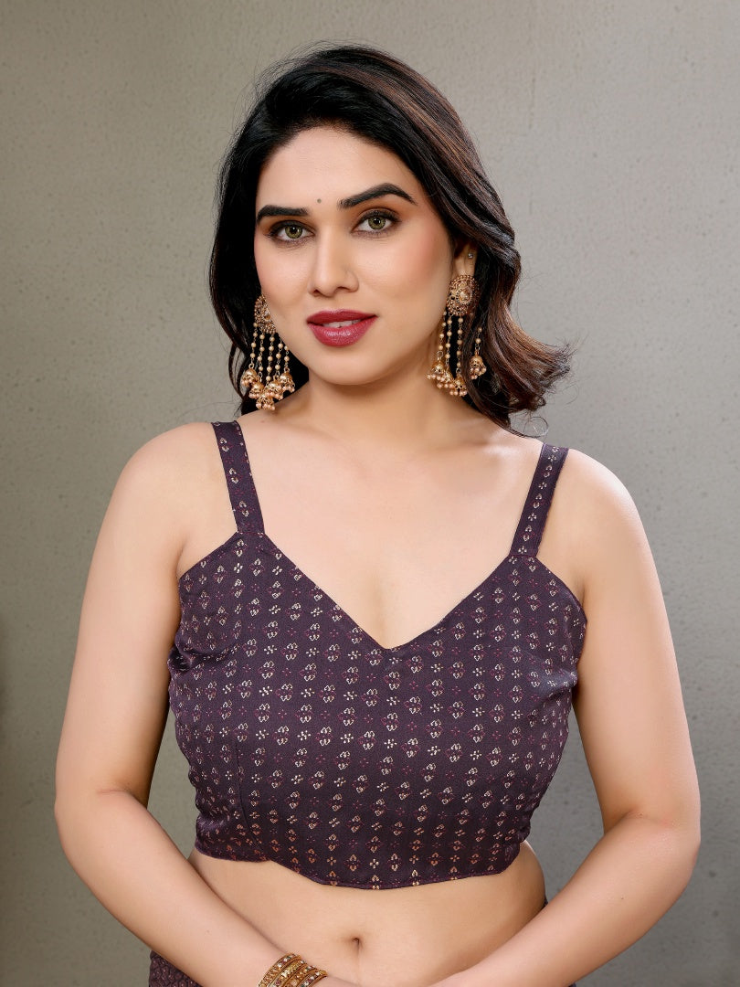 Wine Printed Bright Moss Saree with Foil Work & Banglori Blouse