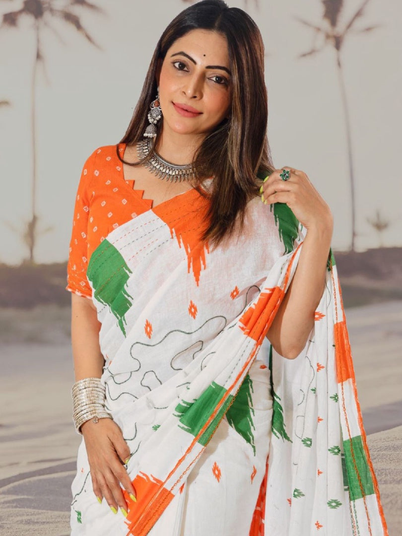 Classic White Tapadiya Check Printed Saree with Matching Blouse
