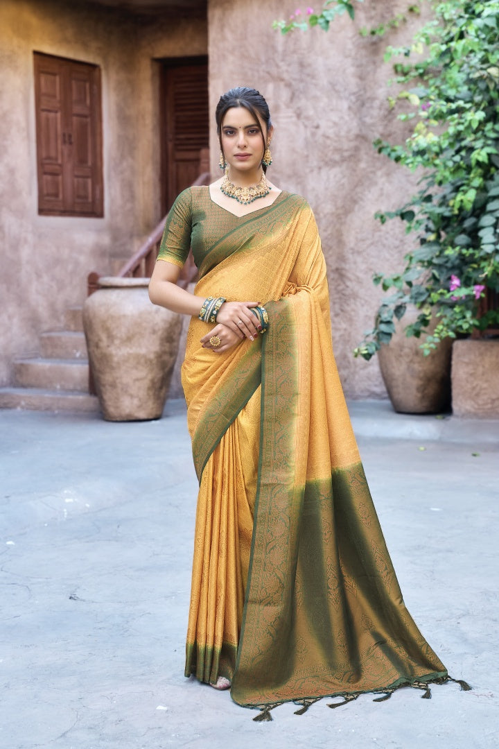 Gold Banarasi Silk Weaving Saree with Matching Blouse for Women
