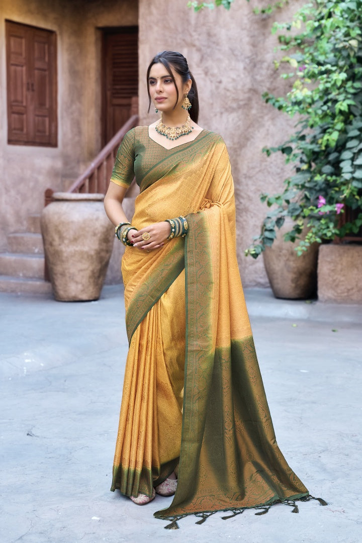 Gold Banarasi Silk Weaving Saree with Matching Blouse for Women