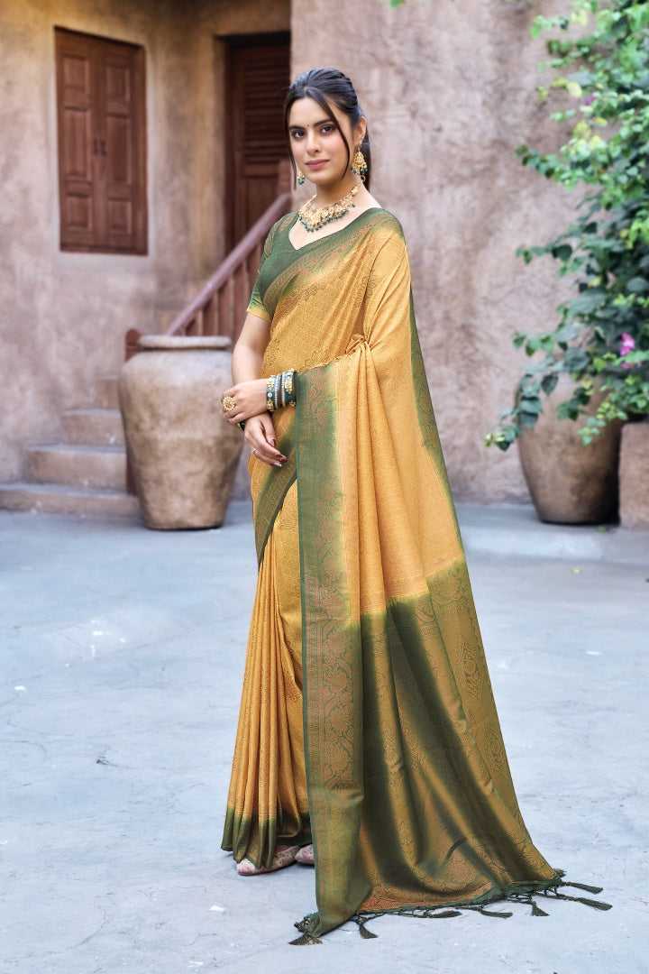 Gold Banarasi Silk Weaving Saree with Matching Blouse for Women