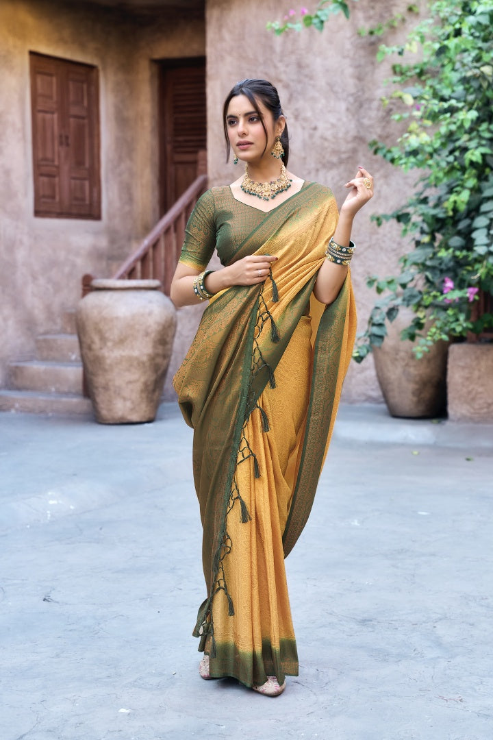Gold Banarasi Silk Weaving Saree with Matching Blouse for Women