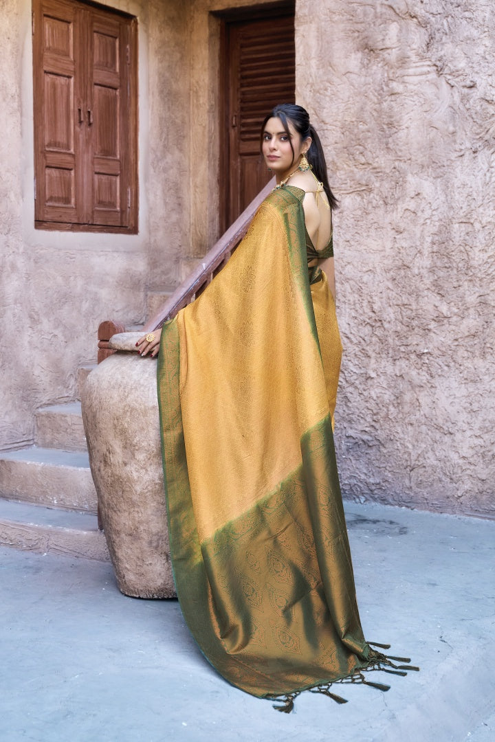 Gold Banarasi Silk Weaving Saree with Matching Blouse for Women