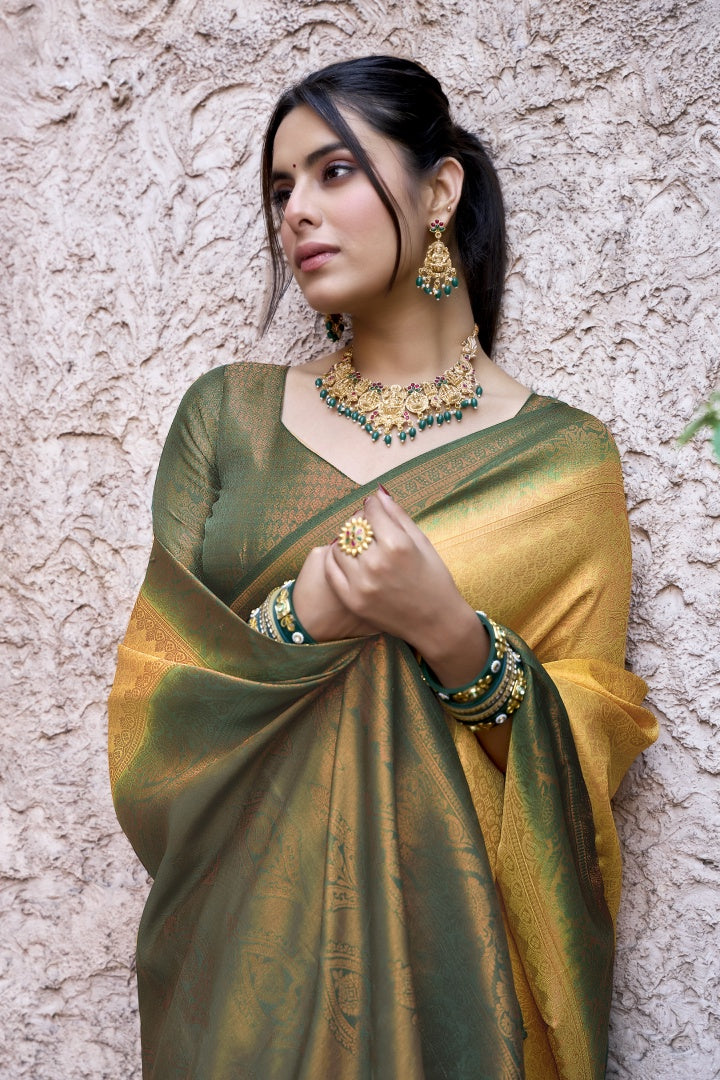 Gold Banarasi Silk Weaving Saree with Matching Blouse for Women