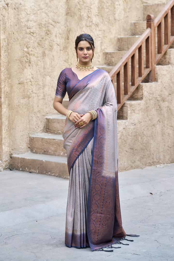 Grey Banarasi Silk Weaving Saree with Matching Blouse
