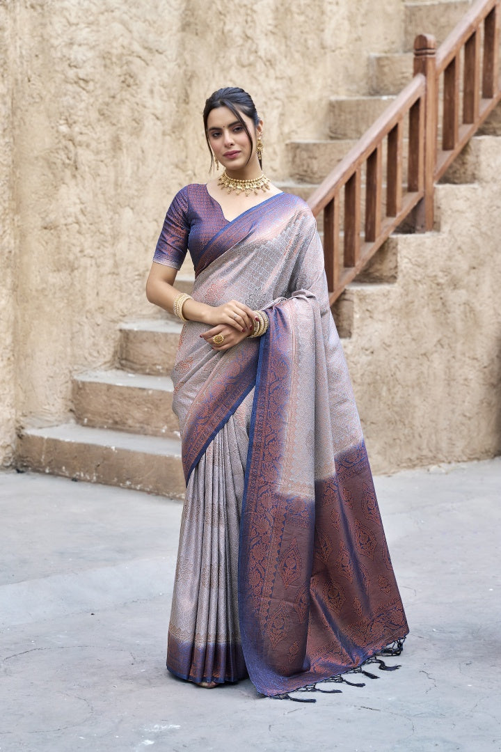 Grey Banarasi Silk Weaving Saree with Matching Blouse