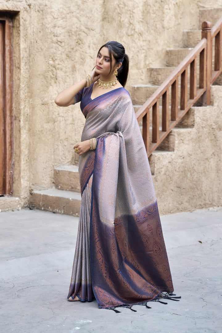 Grey Banarasi Silk Weaving Saree with Matching Blouse
