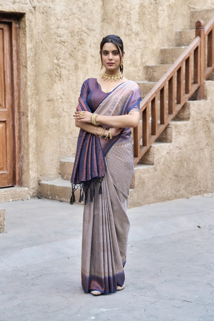 Grey Banarasi Silk Weaving Saree with Matching Blouse