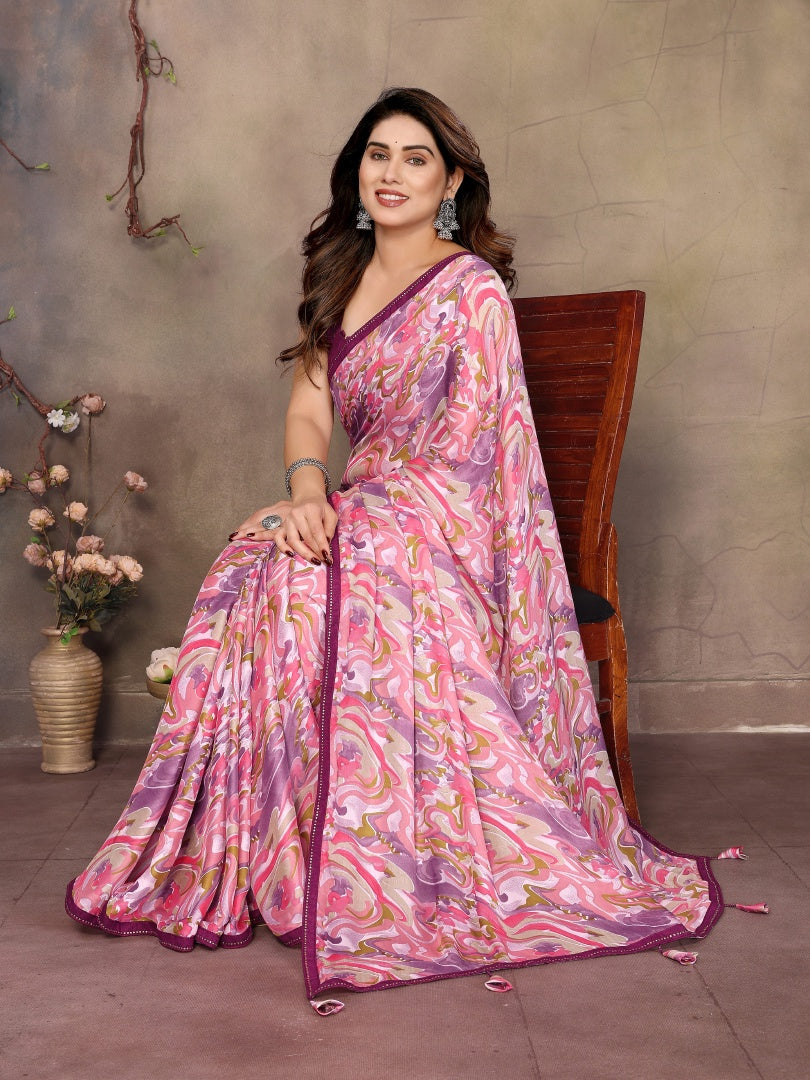 Pink Printed Satin Chiffon Saree with Embroidery Work & Banglori Blouse