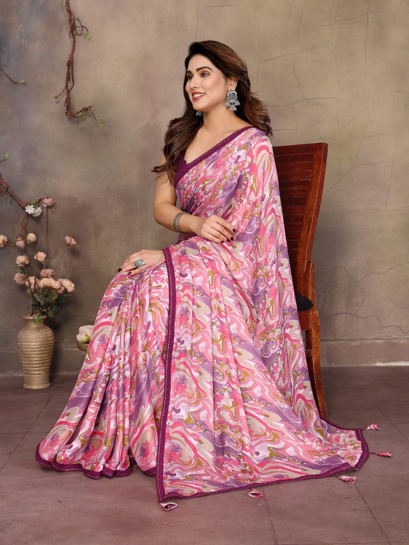 Pink Printed Satin Chiffon Saree with Embroidery Work & Banglori Blouse