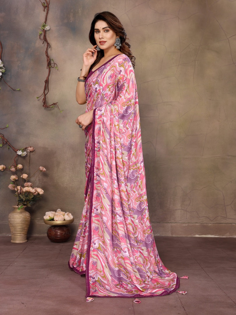 Pink Printed Satin Chiffon Saree with Embroidery Work & Banglori Blouse