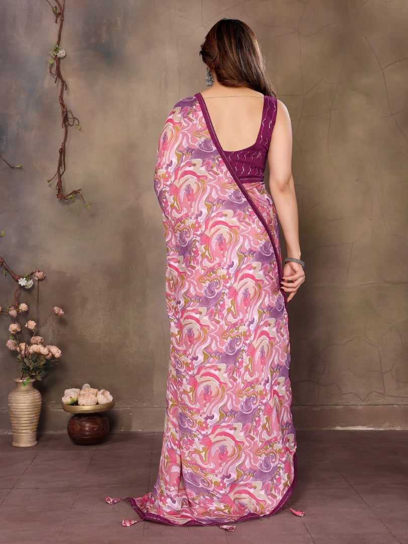 Pink Printed Satin Chiffon Saree with Embroidery Work & Banglori Blouse