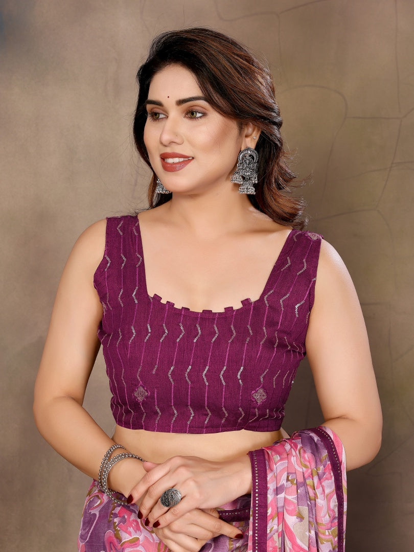 Pink Printed Satin Chiffon Saree with Embroidery Work & Banglori Blouse