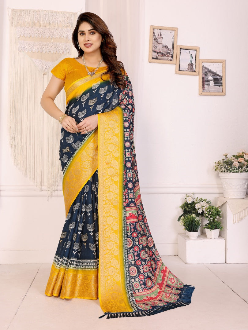 Elegant Blue Dolla Jacquard Border Printed Saree with Bannlory Silk Blouse
