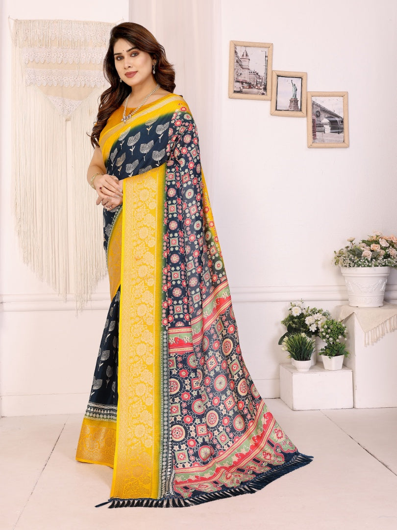 Elegant Blue Dolla Jacquard Border Printed Saree with Bannlory Silk Blouse