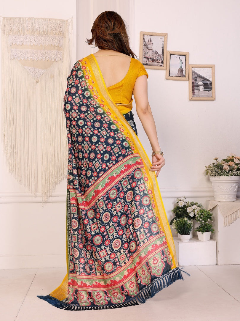 Elegant Blue Dolla Jacquard Border Printed Saree with Bannlory Silk Blouse