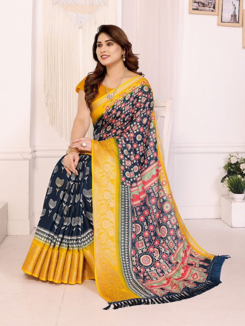 Elegant Blue Dolla Jacquard Border Printed Saree with Bannlory Silk Blouse