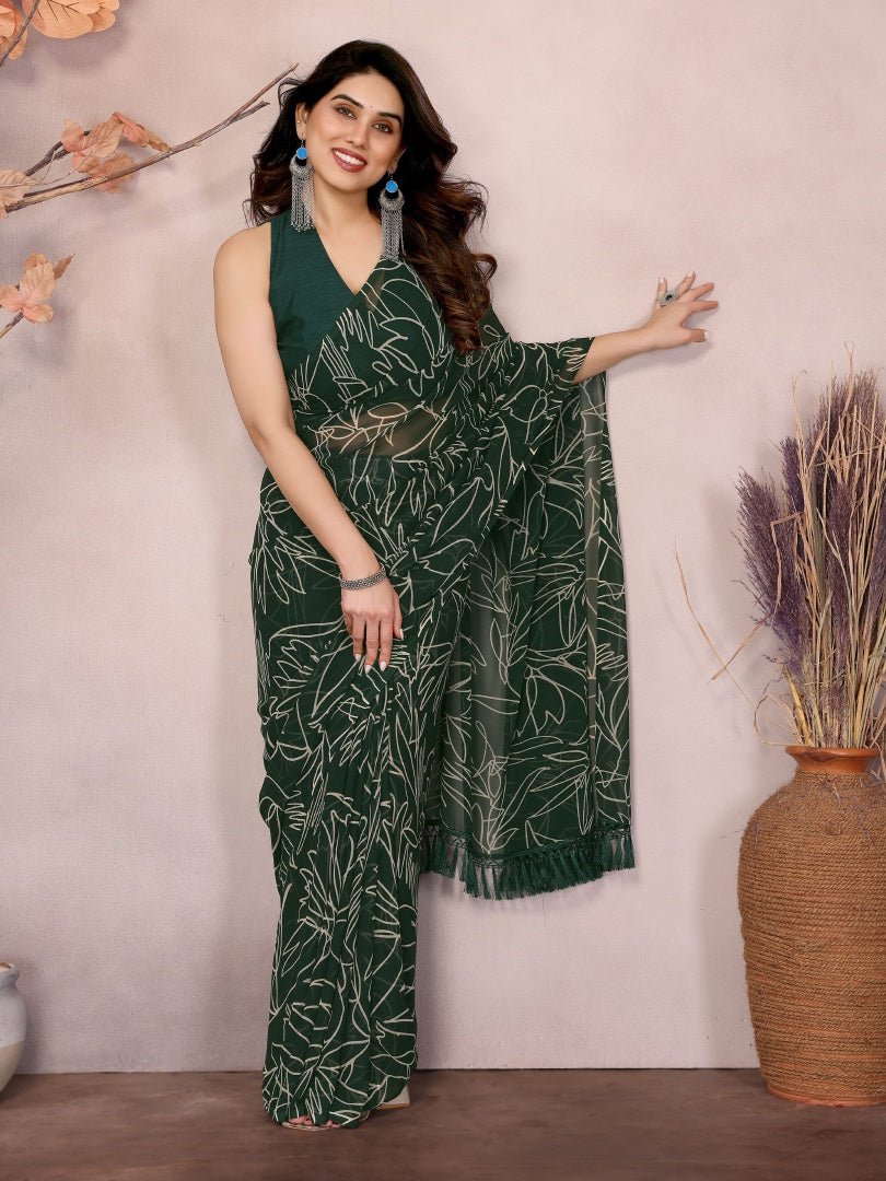 Green Printed Ready Wear Georgette Saree with Zalar Lace & Banglori Blouse