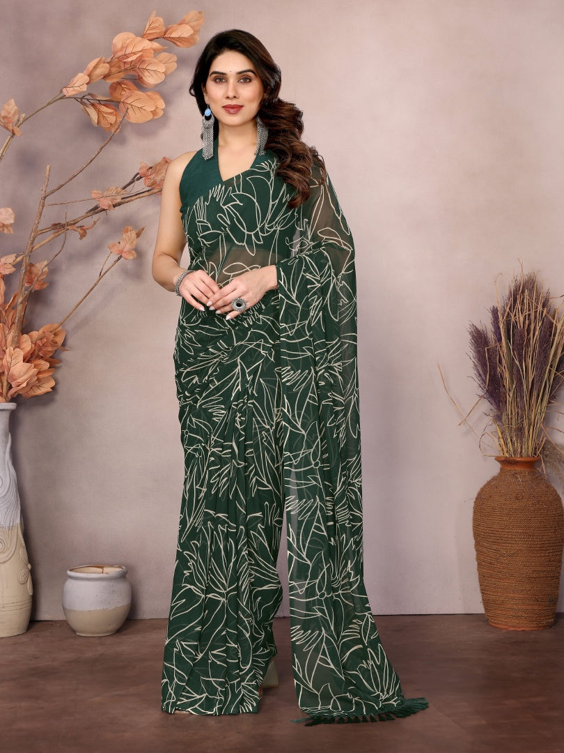 Green Printed Ready Wear Georgette Saree with Zalar Lace & Banglori Blouse