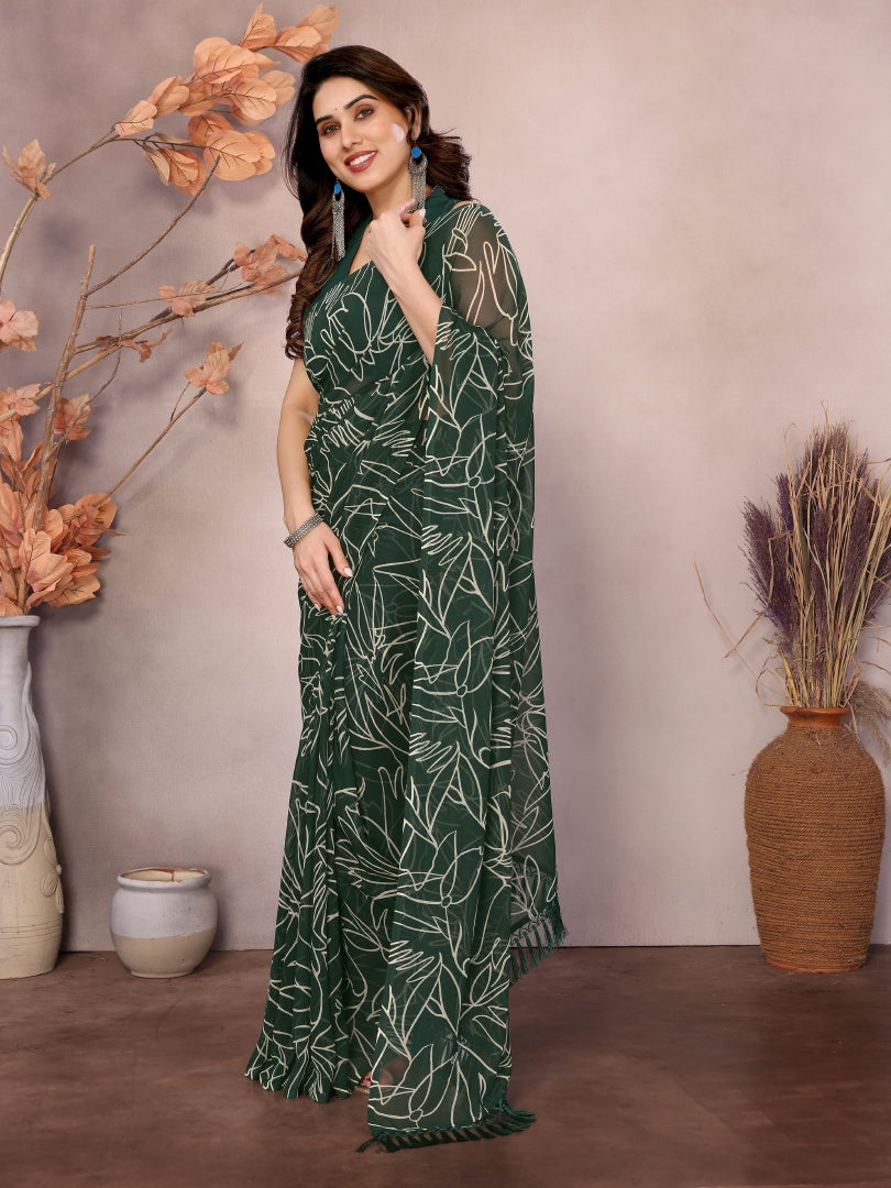 Green Printed Ready Wear Georgette Saree with Zalar Lace & Banglori Blouse