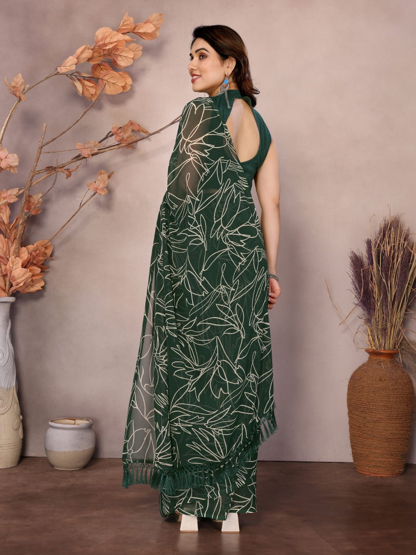 Green Printed Ready Wear Georgette Saree with Zalar Lace & Banglori Blouse