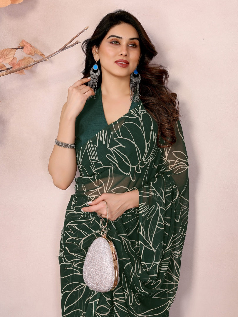 Green Printed Ready Wear Georgette Saree with Zalar Lace & Banglori Blouse