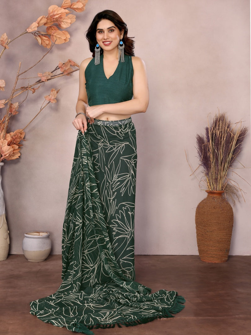 Green Printed Ready Wear Georgette Saree with Zalar Lace & Banglori Blouse