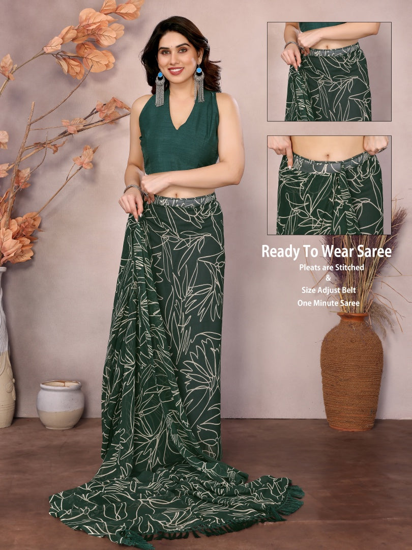 Green Printed Ready Wear Georgette Saree with Zalar Lace & Banglori Blouse