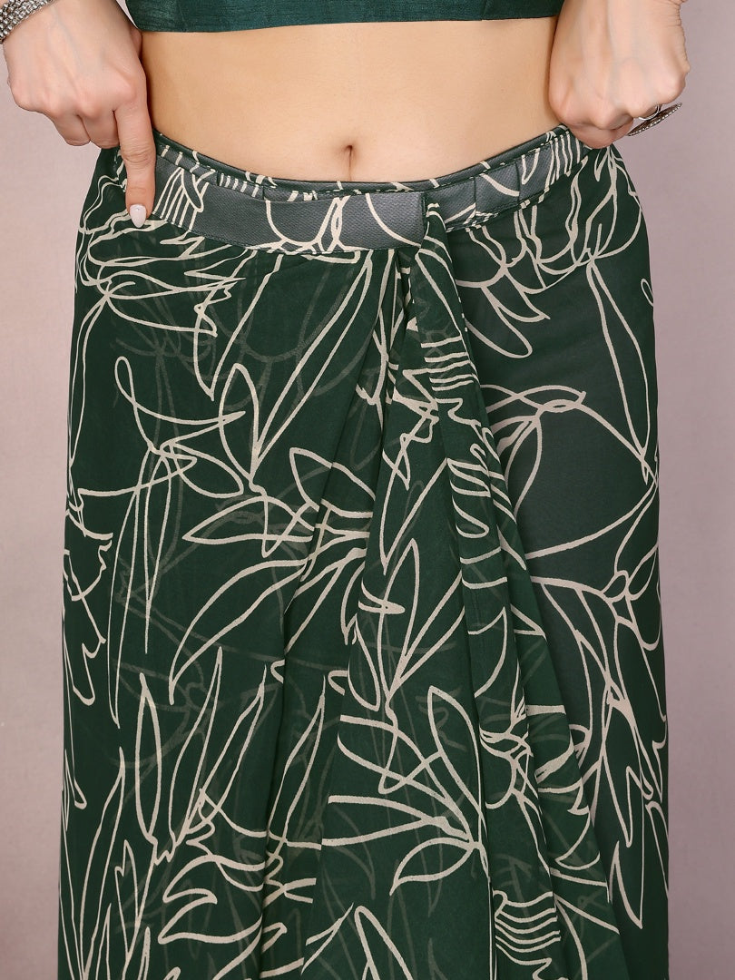 Green Printed Ready Wear Georgette Saree with Zalar Lace & Banglori Blouse