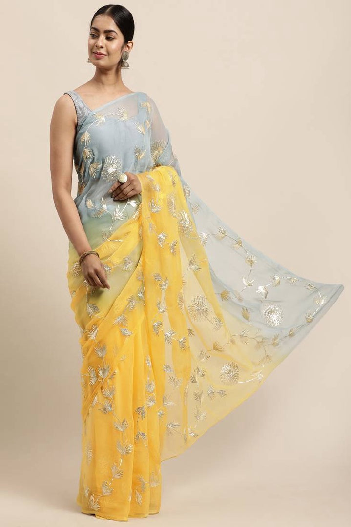 Grey Yellow Silk Organza Gotta Patti Saree with Satin Silk Blouse