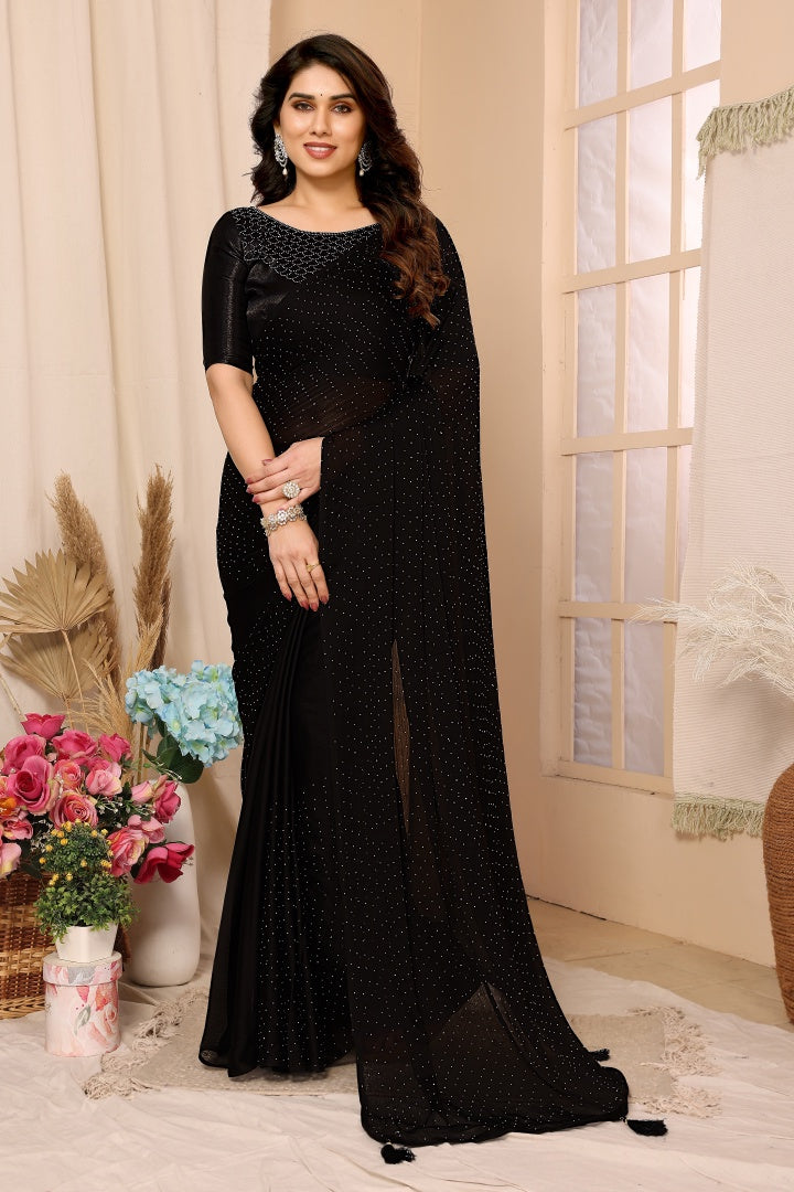 Premium Antara Black Satin Chiffon Stone Work Saree with Satin Blouse (Party Wear)